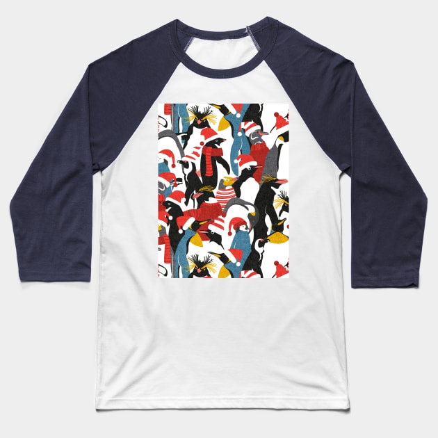 Merry penguins // pattern // black white grey dark teal yellow and coral type species of penguins red dressed for winter and Christmas season (King, African, Emperor, Gentoo, Galápagos, Macaroni, Adèlie, Rockhopper, Yellow-eyed, Chinstrap) Baseball T-Shirt by SelmaCardoso